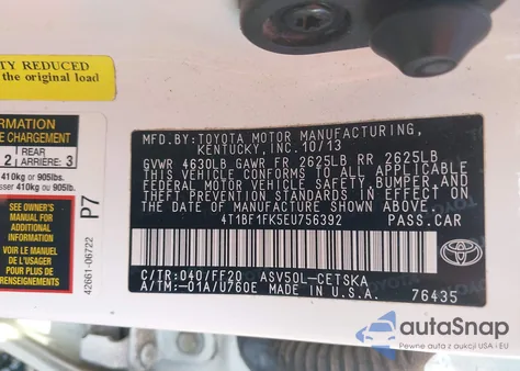 2014 Toyota Camry L/Se/Le/Xle from USA, damaged, VIN 4T1BF1FK5EU756392